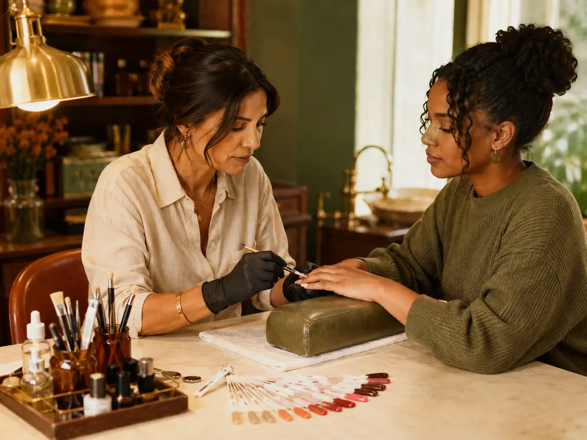Nail educator demonstrating hygienic cuticle prep and gel application in a vintage studio