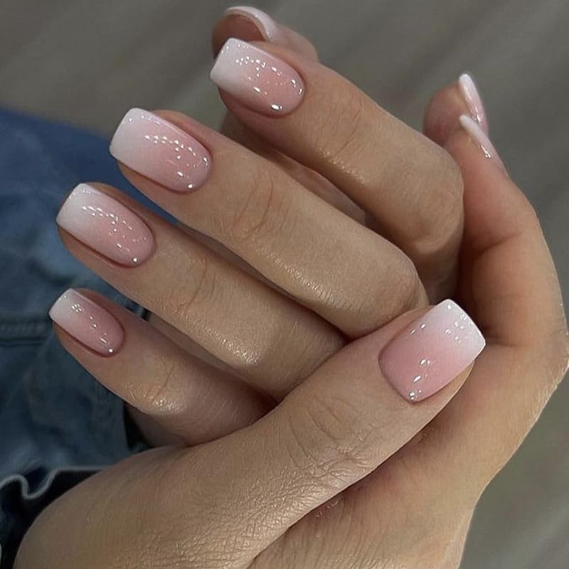 Pink White Gradient Press on Nails Short Square Ombre Fake Nails with Design Glue on Nails for Women Girls Acrylic False Nails Stick on Nails Press on Nail for Wedding 24Pcs