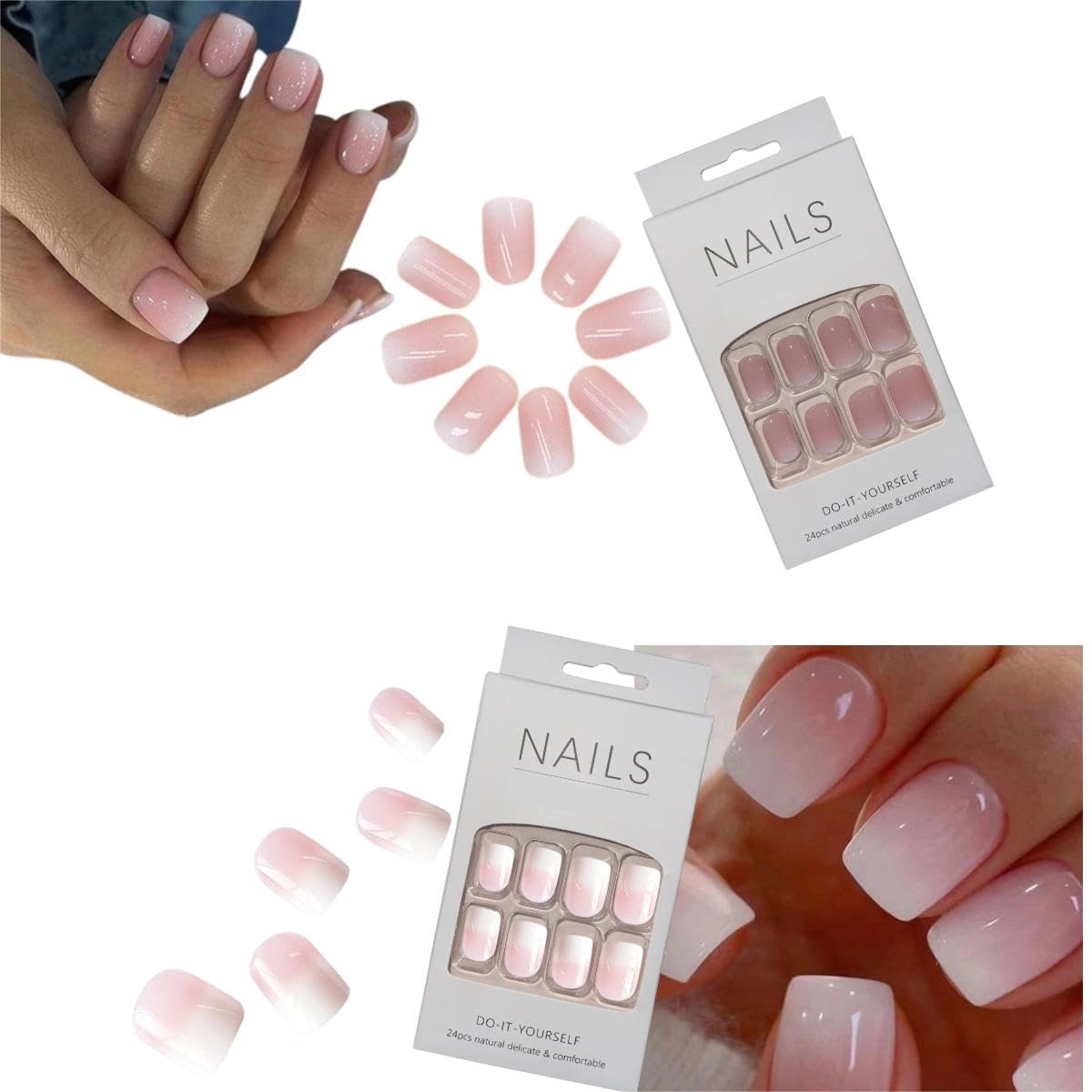 2 sets 48 pcs Glossy Gradient color French Square Press on Nails,Fake Nails with Nail Glue,Stick Glue on Nails False Nails Acrylic Nails for Women(White gradient ，Pink gradient)…