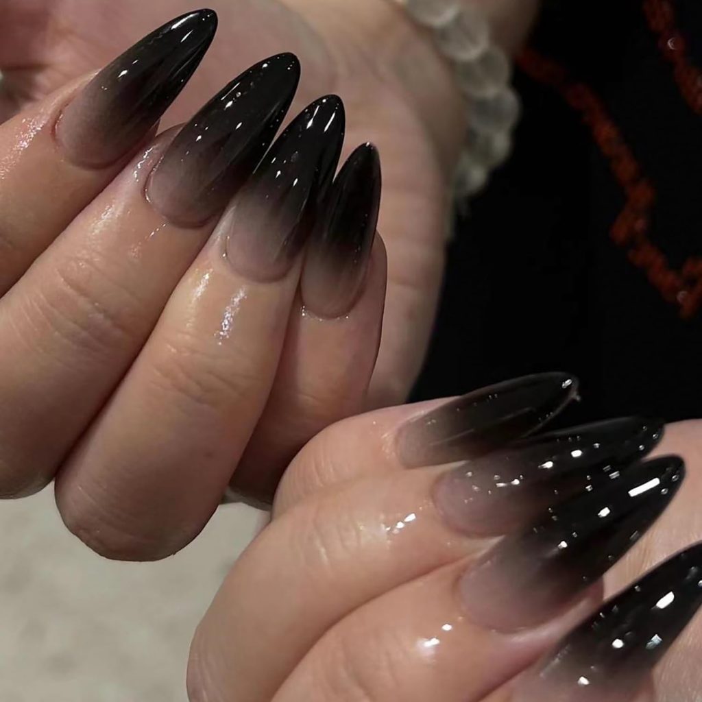 24Pcs Black Press on Nails Halloween Nails Medium Almond Fake Nails with Gradient Designs Full Cover Glossy False Nails French Gradient Acrylic Fake Nails Halloween Gradient Nails for Women Girls