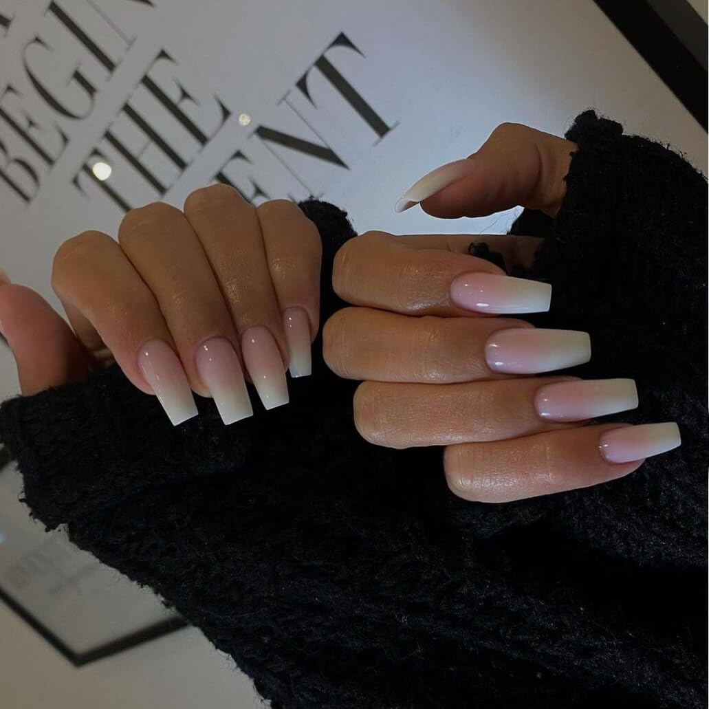 Gradient Pink Press on Nails Long Square,KXAMELIE Ombre Medium Coffin Fake Nails Press on,French Glue on Nails,Opaque Acrylic Nails Set for Women Girls in 24 PCS