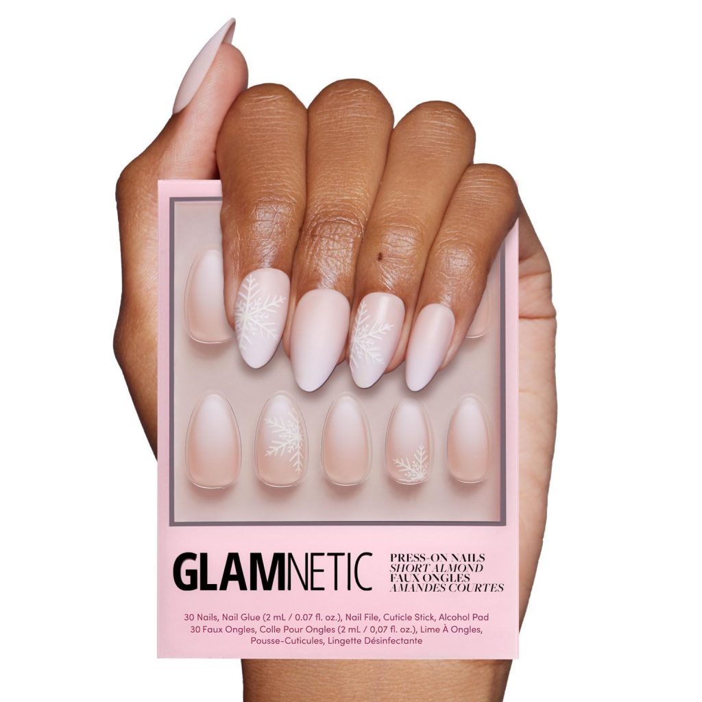 Glamnetic Press On Nails – Snowdrift | Opaque Gradient Ombre & Snowflake Graphic Short Almond False Nails, Reusable Stick On Fake Nails with Glue | Salon Quality | 15 Sizes – 30 Nail Kit