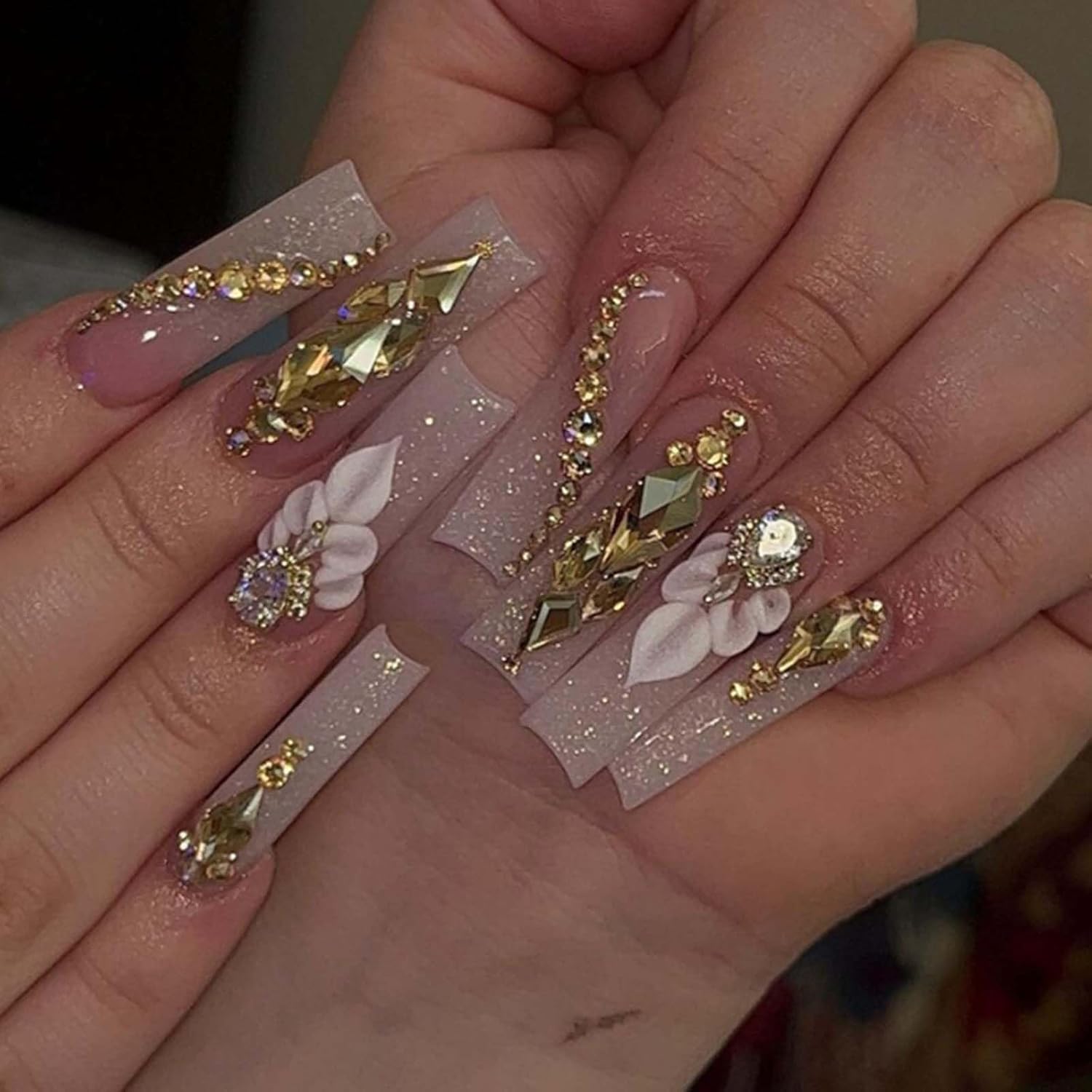 Long Gradient Press on Nails Square Fake Nails Nude Nails Tips Full Cover Crystal Gem Design False Nails for Women and Girls 24Pcs