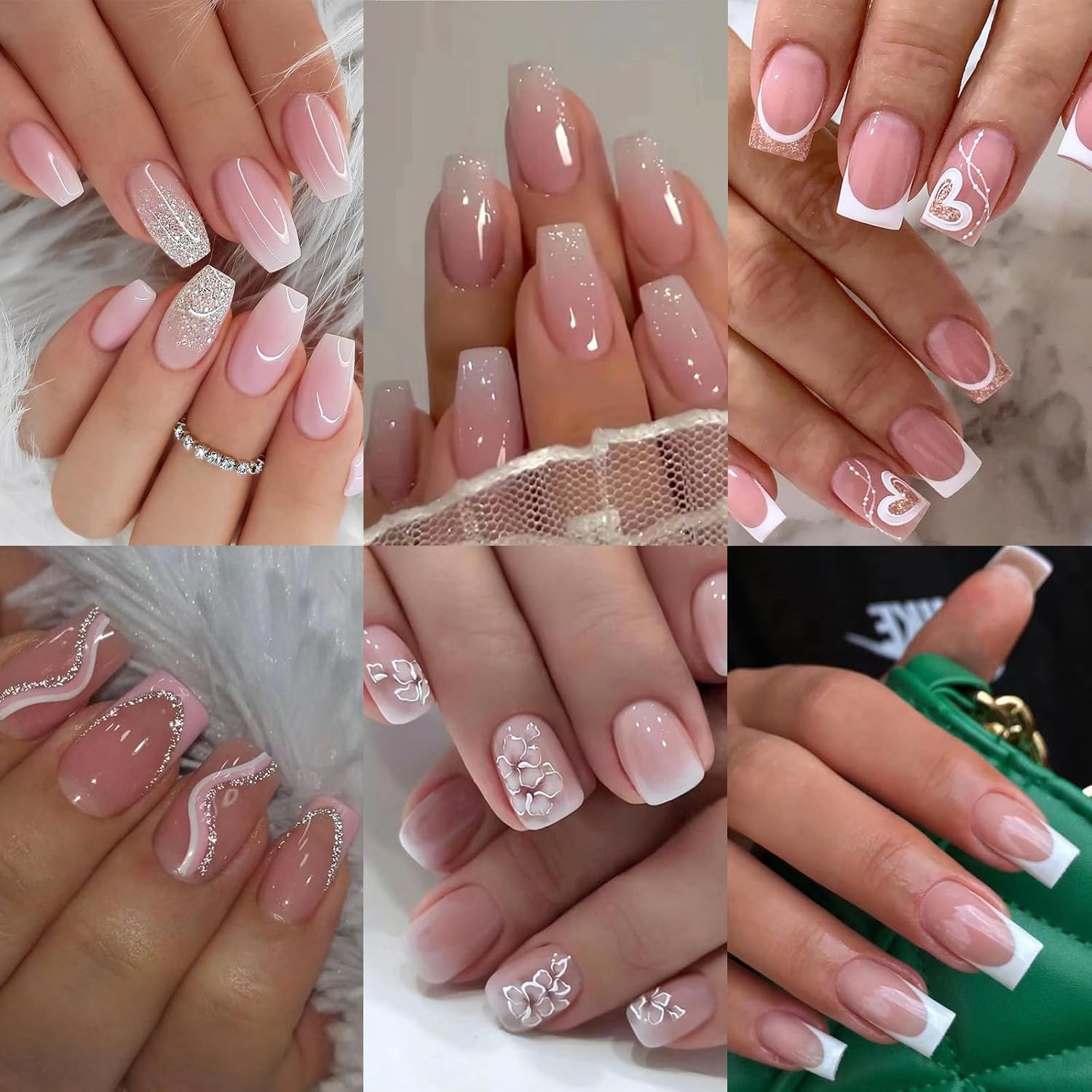 6 Packs (144 Pcs) Press on Nails Medium – Jsiallye Pink Gradient Press on Nails Square Coffin, Glue on with Nail in 12 Sizes – 24 Fake Nails Kit, French Tip Stick on Nails for Women