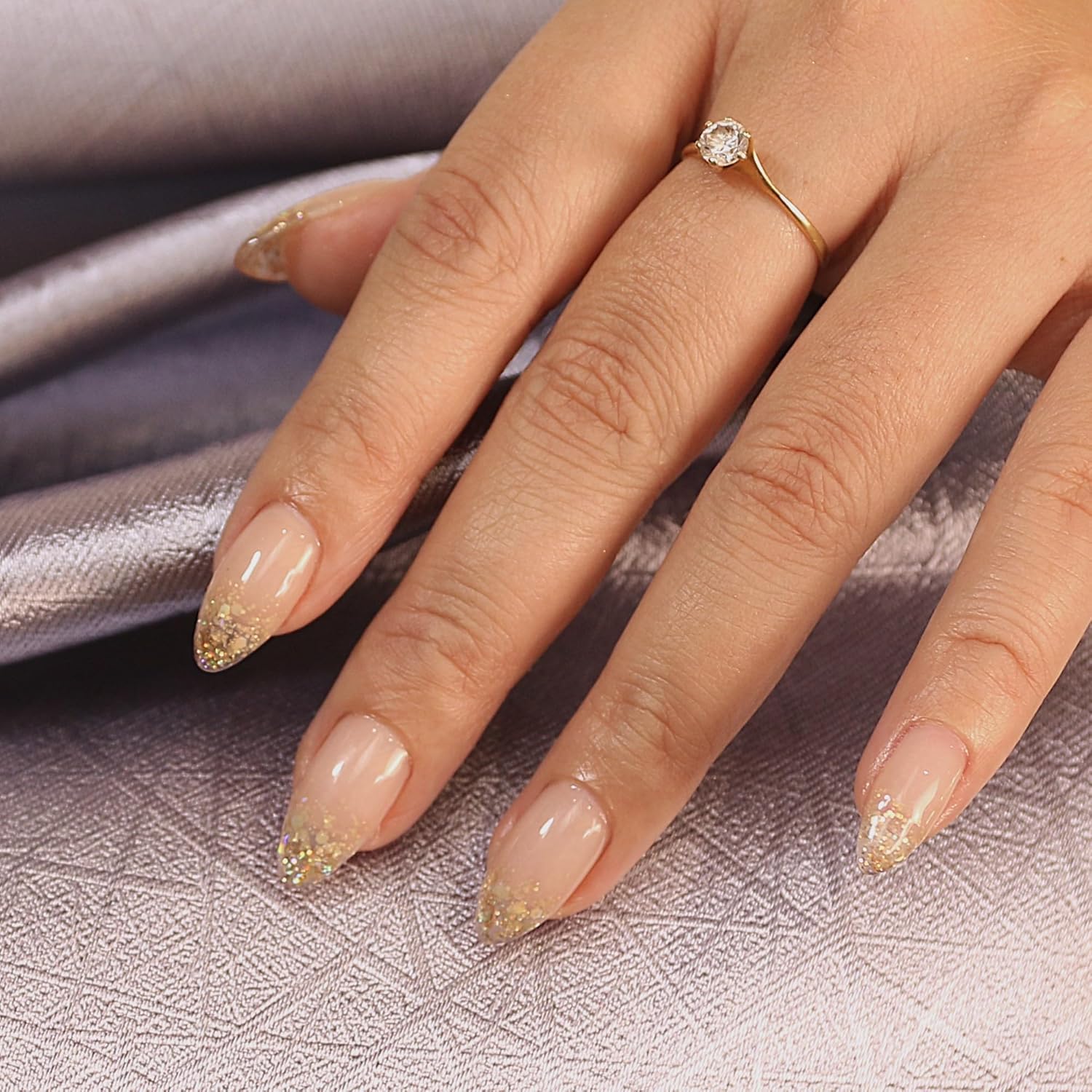 Short Almond Press On Nails,Jelly Pink with French Tips Hidden Gold Glitter. Soft Gel, 30pcs in 15 sizes for natural look. Perfect for a night out& countdown event.Long-Lasting Nail Art.Hi-End